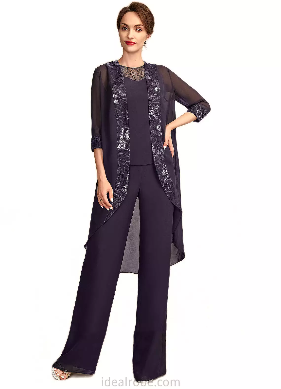 Sanai Jumpsuit/Pantsuit Scoop Neck Floor-Length Chiffon Lace Mother of the Bride Dress With Sequins STK126P0015010