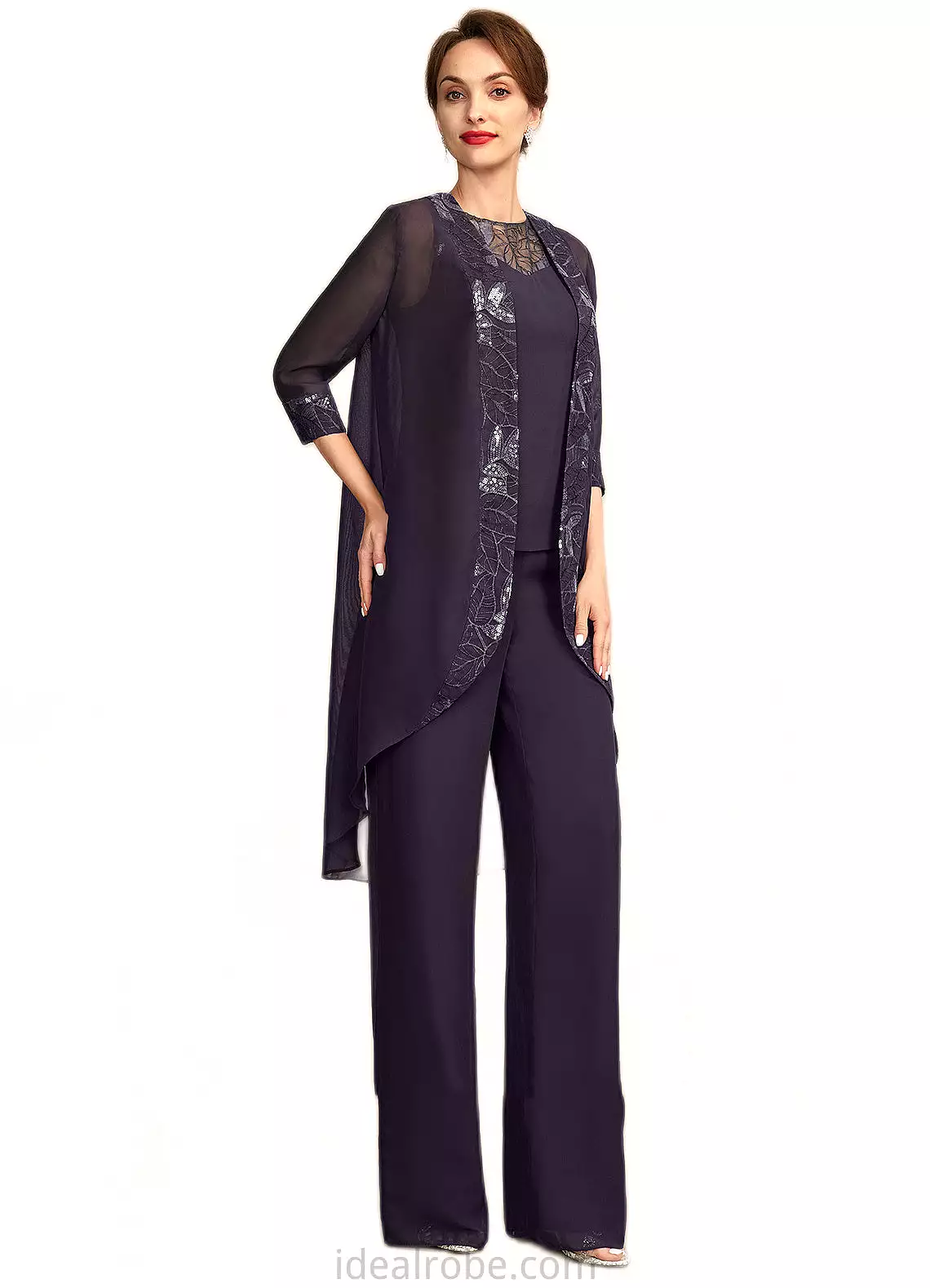 Sanai Jumpsuit/Pantsuit Scoop Neck Floor-Length Chiffon Lace Mother of the Bride Dress With Sequins STK126P0015010