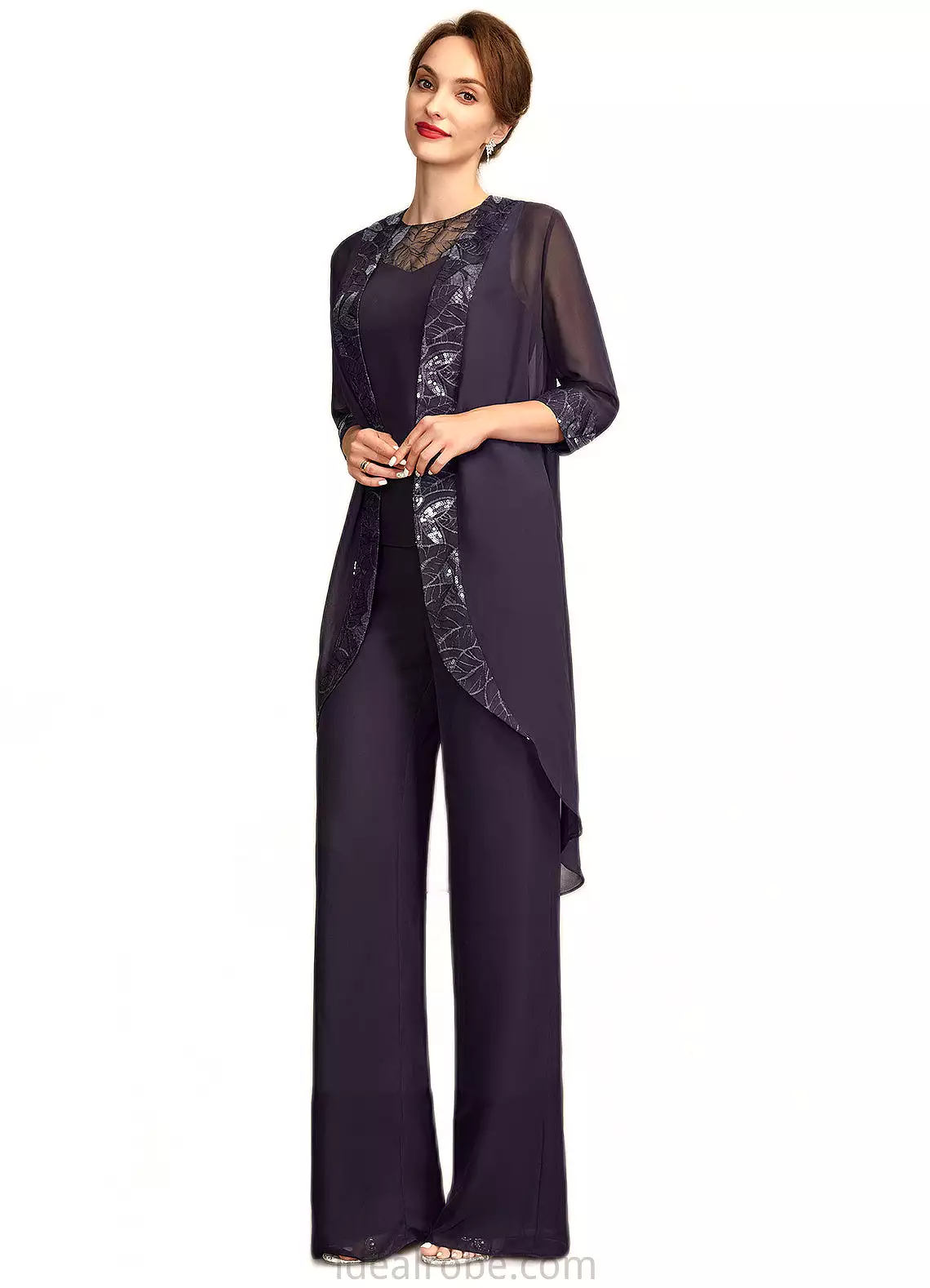 Sanai Jumpsuit/Pantsuit Scoop Neck Floor-Length Chiffon Lace Mother of the Bride Dress With Sequins STK126P0015010