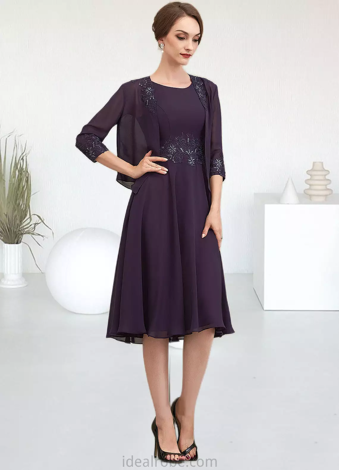 Savannah A-Line Scoop Neck Knee-Length Chiffon Lace Mother of the Bride Dress With Sequins STK126P0014968