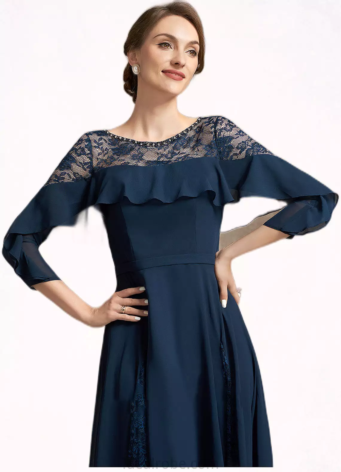 Skylar A-Line Scoop Neck Tea-Length Chiffon Lace Mother of the Bride Dress With Beading Cascading Ruffles STK126P0014952