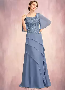 Virginia A-Line Scoop Neck Floor-Length Chiffon Lace Mother of the Bride Dress With Sequins Cascading Ruffles STK126P0014997