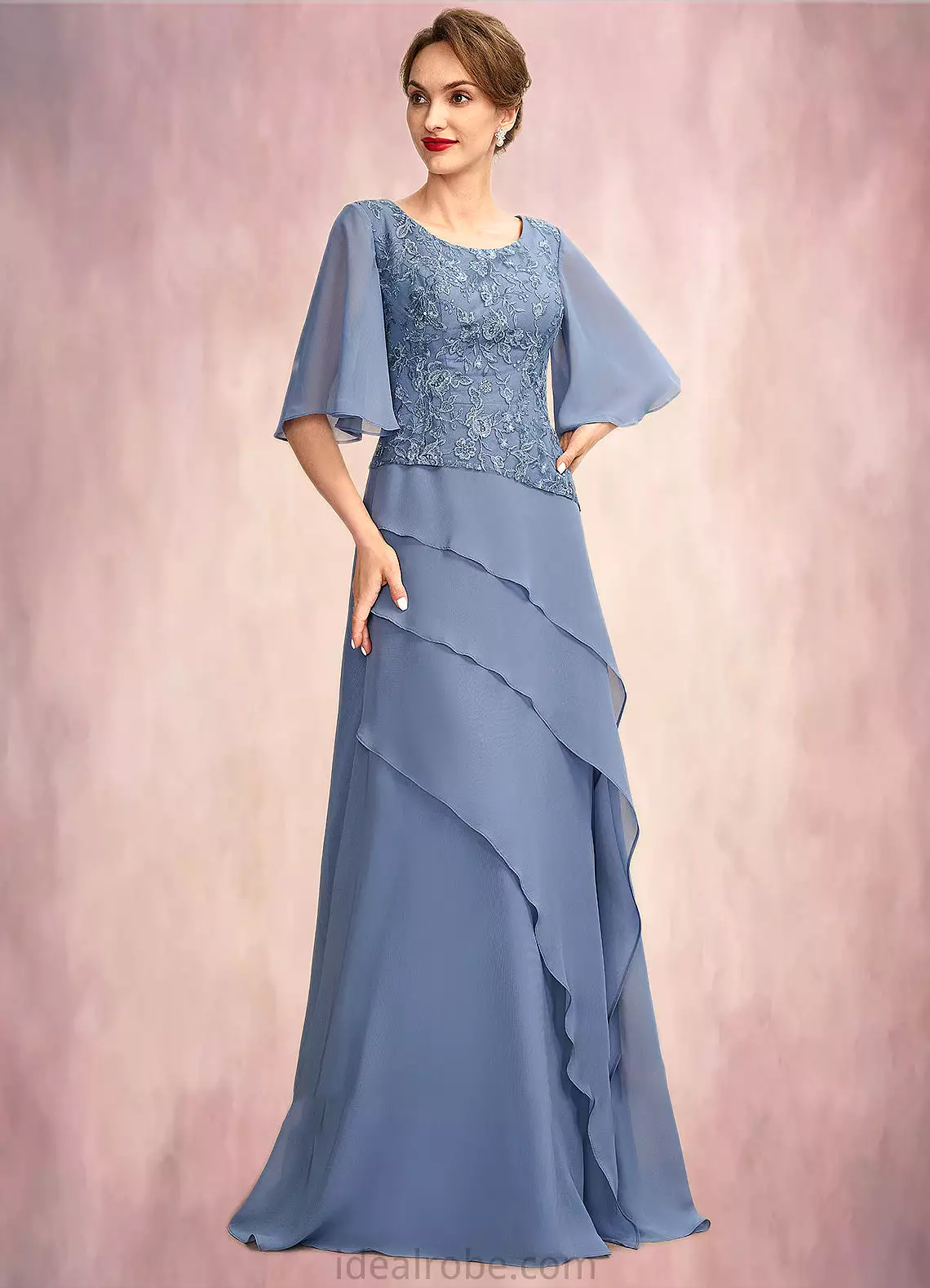 Virginia A-Line Scoop Neck Floor-Length Chiffon Lace Mother of the Bride Dress With Sequins Cascading Ruffles STK126P0014997